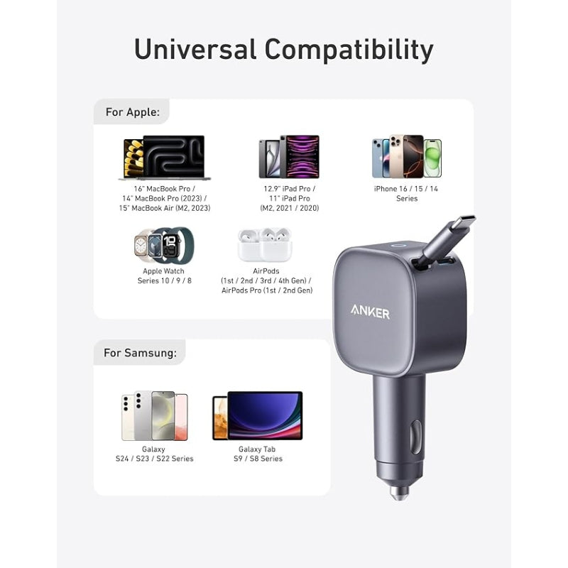 Anker Nano 75W Car Charger (Built-In Retractable USB-C Cable)