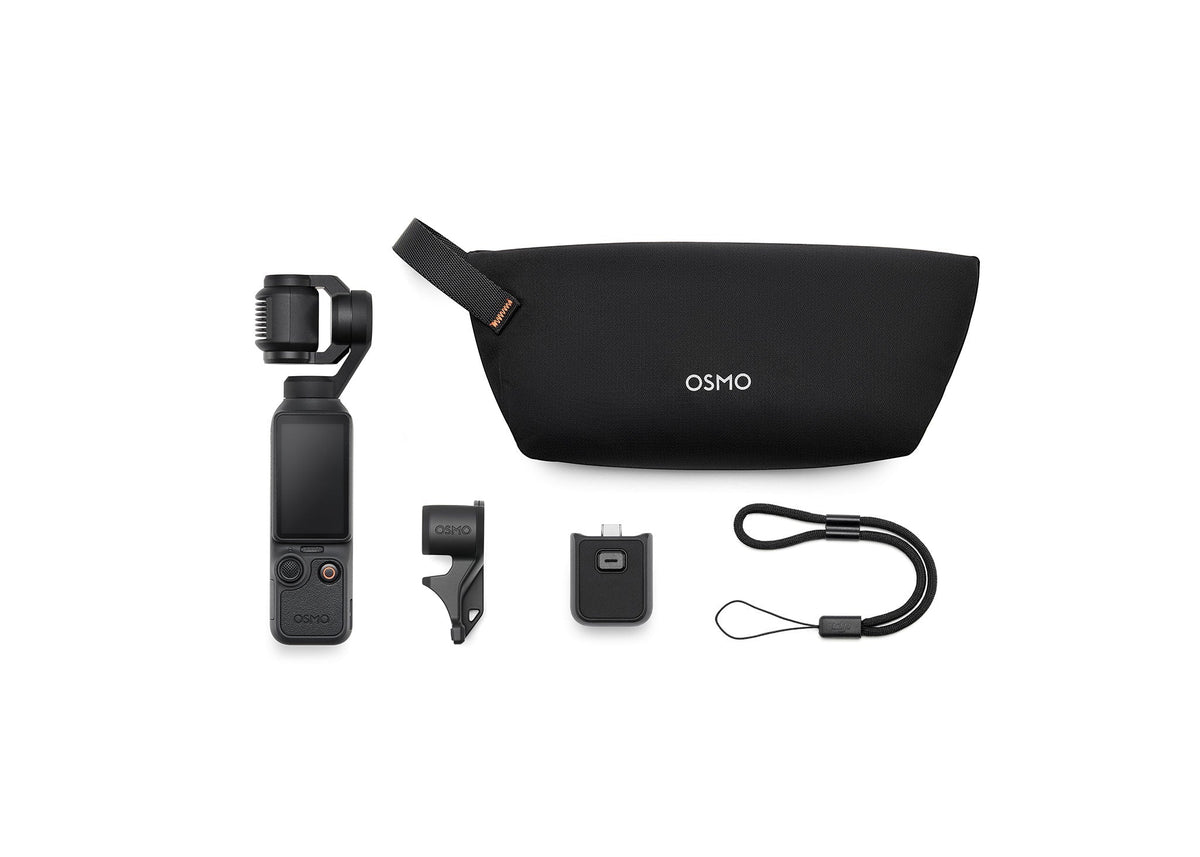 DJI Osmo Pocket 4 shown with a carry case, mount, adapter and lanyard