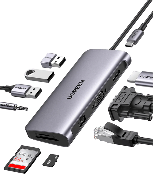 UGREEN 11-in-1 USB-C Multifunction Hub - HDMI 4K + VGA + USB-C/USB-A + RJ45 + SD/TF Card Reader | 45520