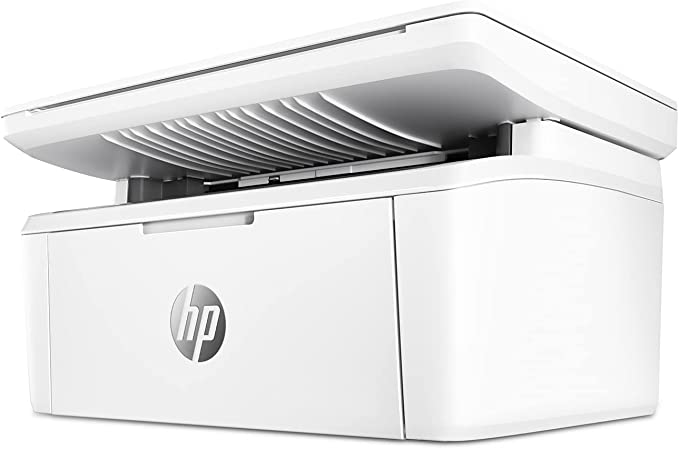 HP LaserJet MFP M141w three-quarter view with the scanner lid raised