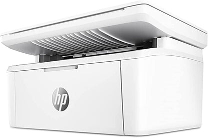 HP LaserJet MFP M141w three-quarter view with the scanner lid raised