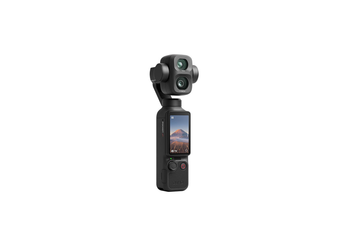 DJI Osmo Pocket 4P angled to show the dual-lens gimbal head