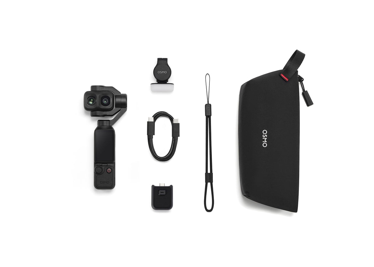 DJI Osmo Pocket 4P shown with a carry case, cable, adapter and lanyard