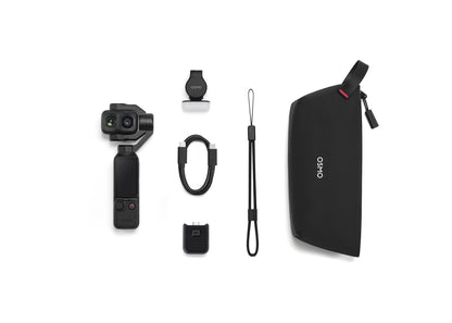 DJI Osmo Pocket 4P shown with a carry case, cable, adapter and lanyard
