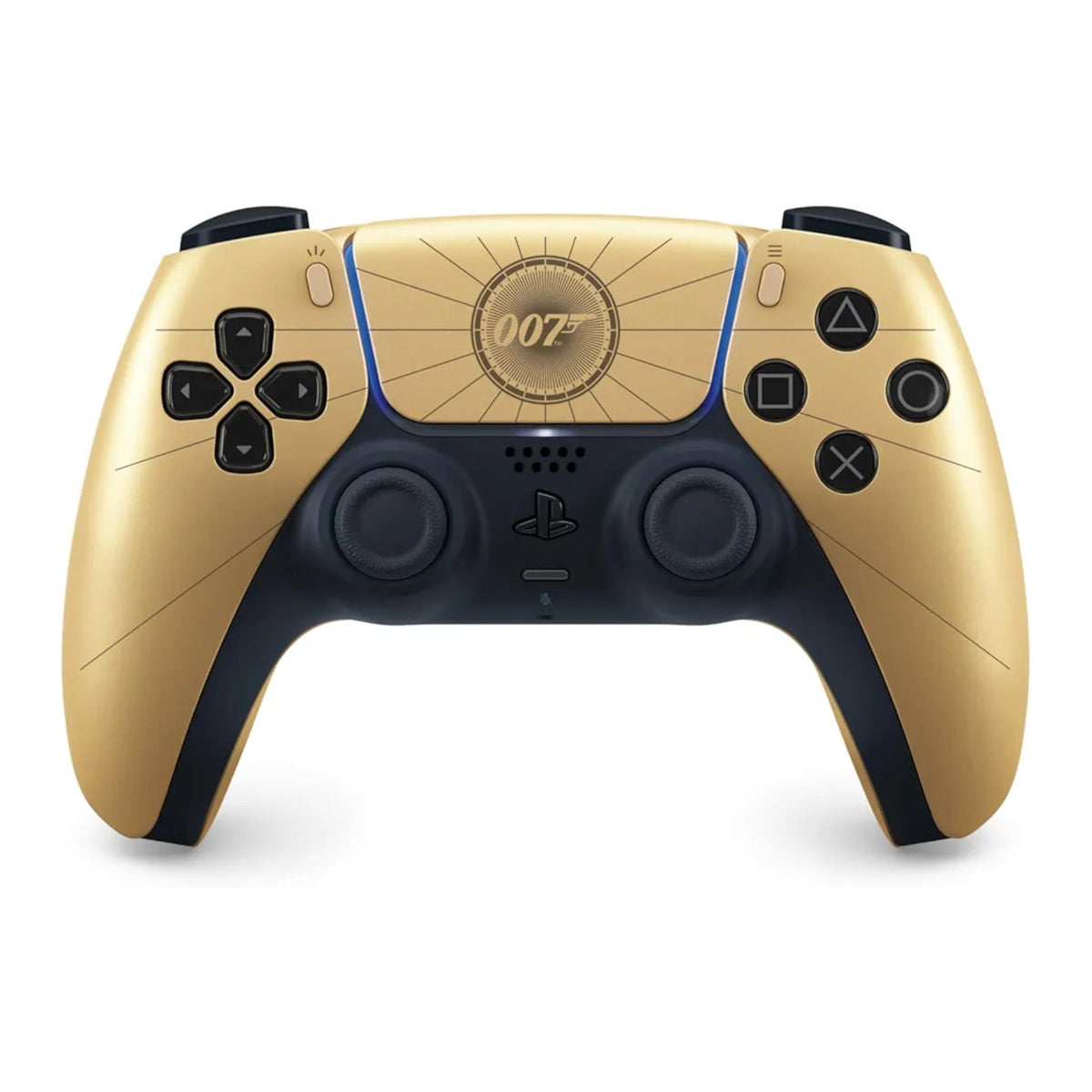 007 First Light gold DualSense controller, front view with the gun barrel touch pad