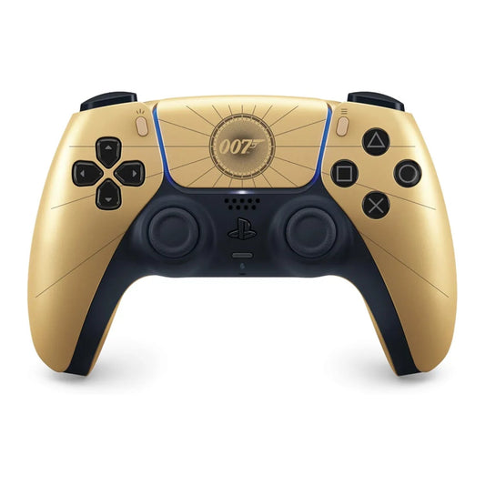 007 First Light gold DualSense controller, front view with the gun barrel touch pad