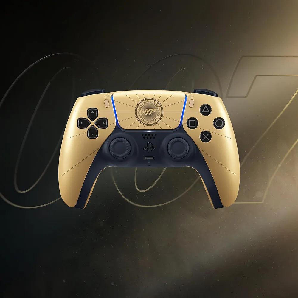 007 First Light gold DualSense controller on a dark backdrop