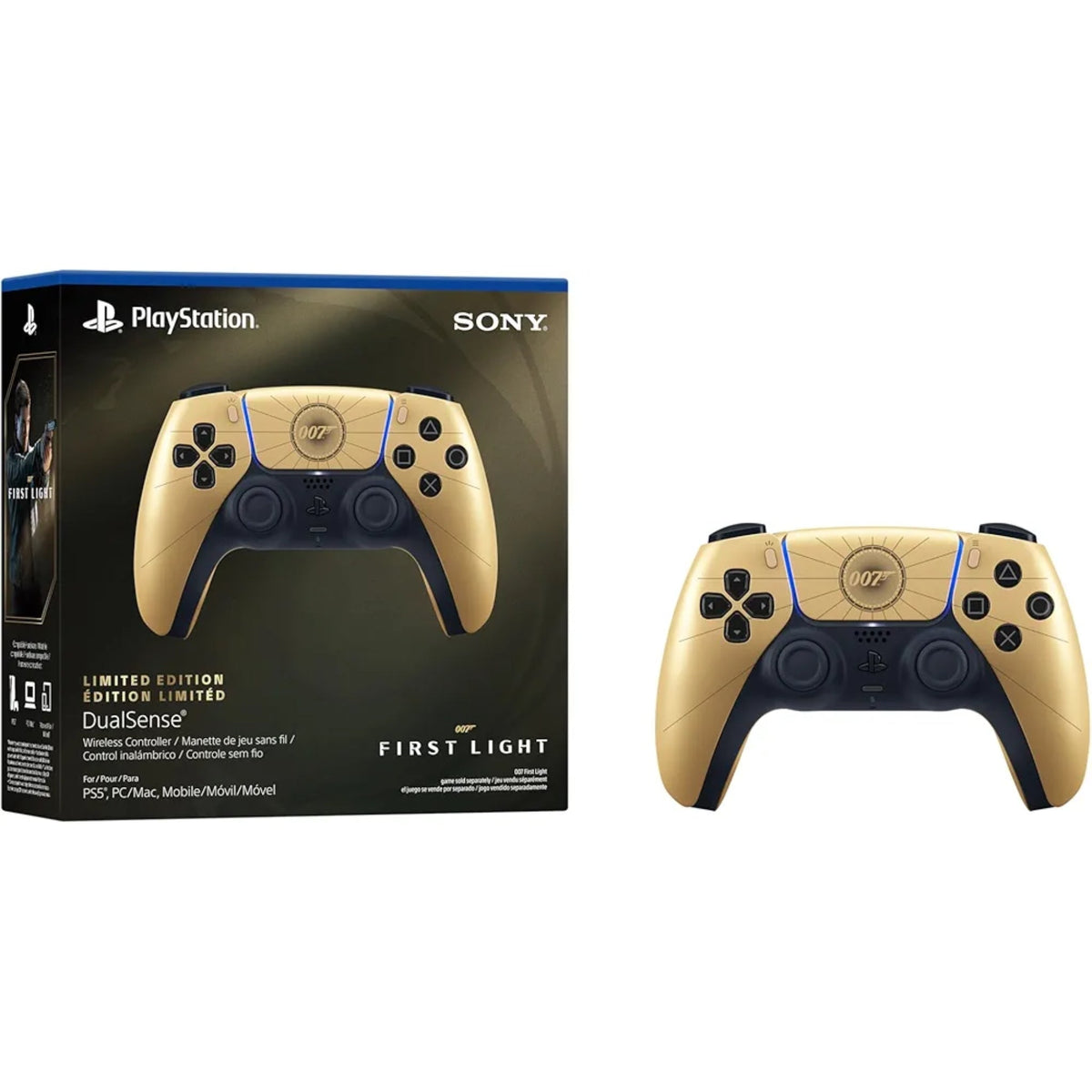 007 First Light gold DualSense controller beside its retail box