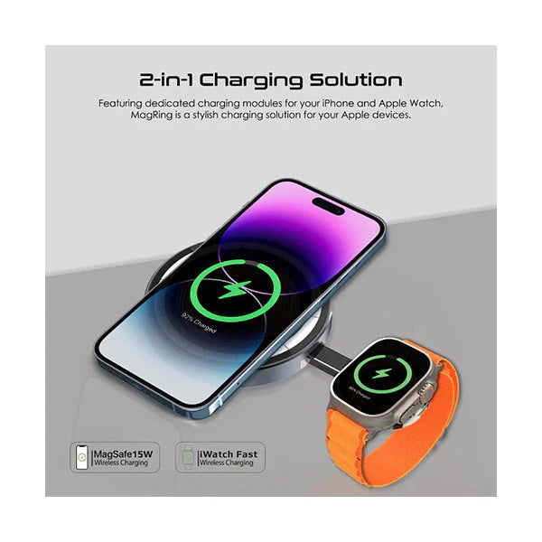 Promate MagRing 2-in-1 15W MagSafe Charger 3W Foldable Apple Watch Charger - My Store