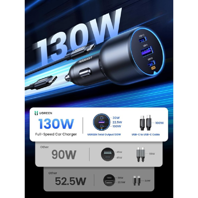 UGREEN 130W 3 Ports Fast Car Charger, for Phones, Tablets, Ipads, Laptops & MacBooks | 90413