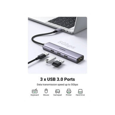 UGREEN USB-C TO 3x USB 3.0 HUB+ Ethernet Adapter RJ45 (1000M) Ethernet  Adapter | 60600